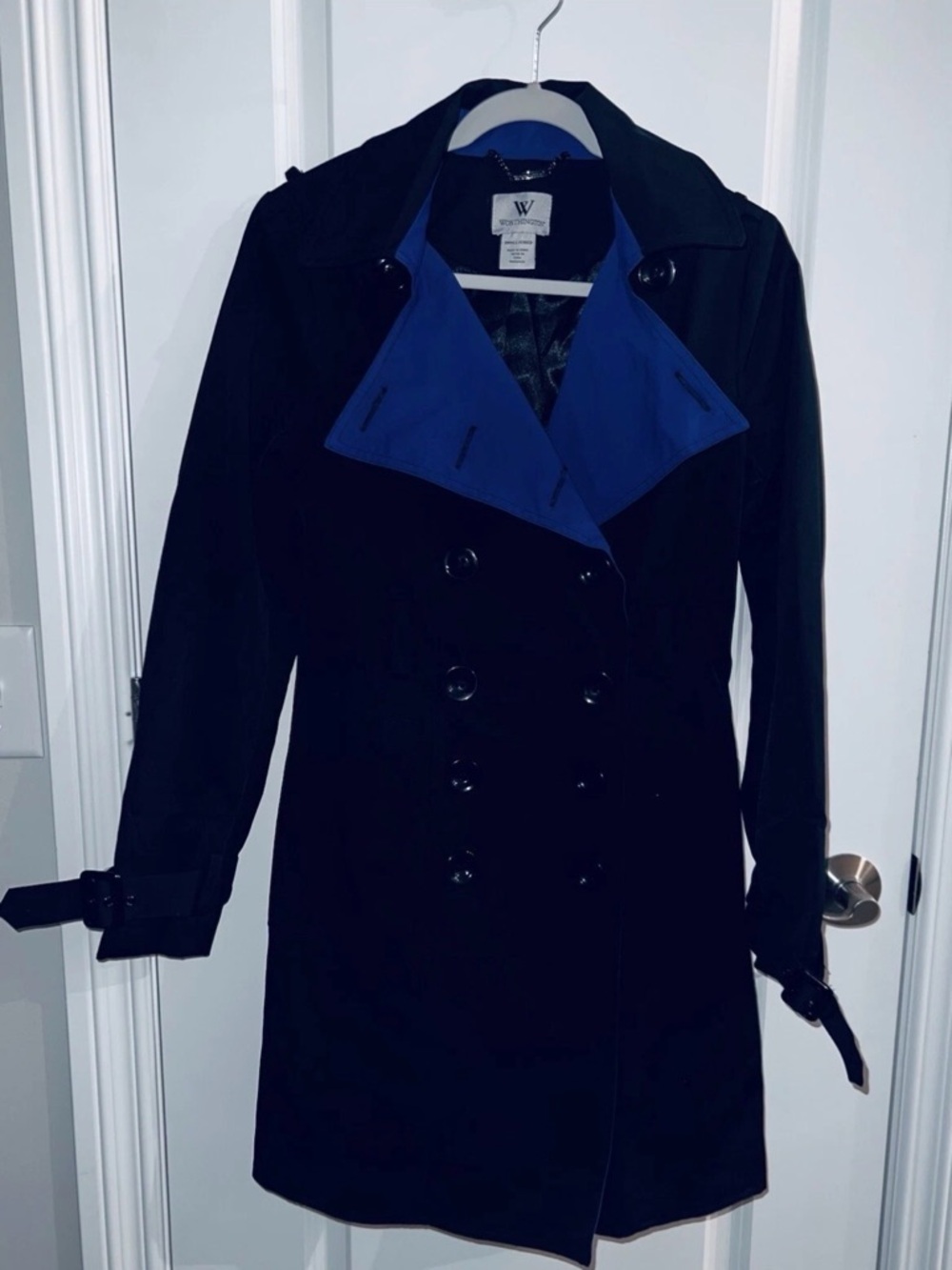 Worthington Woman’s Black Blue Trench Coat Jacket Size Small Without Belt